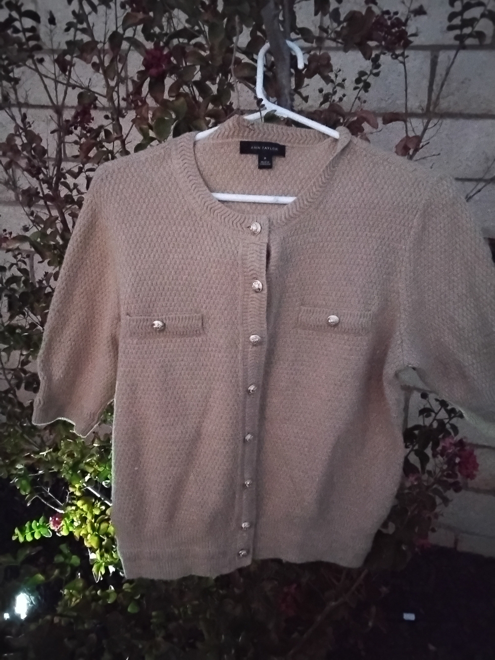 Ann Taylor Taupe Short-Sleeve Button Knit Top Size M